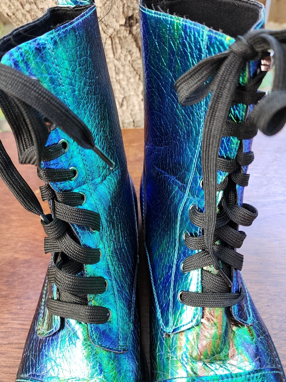 Vintage N.Y.L.A. Iridescent Metallic Oil Slick Combat Boots Blue Green [8] - Picture 3 of 10